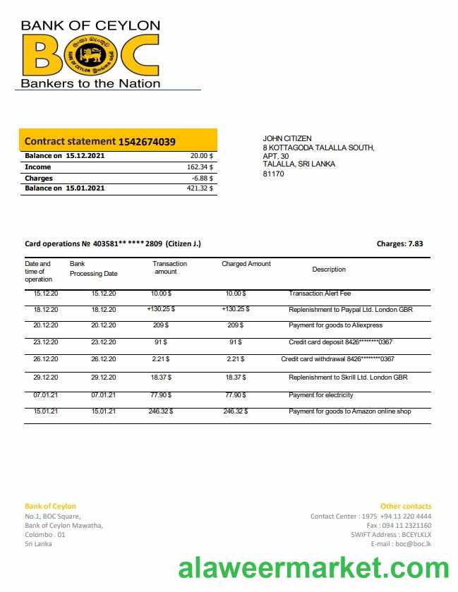 Sri Lanka Bank of Ceylon bank statement template in Word and PDF format, good for address prove